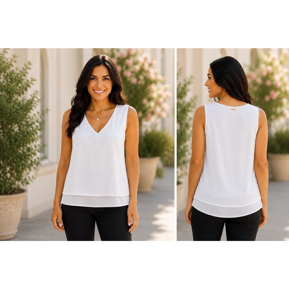 Michael Kors Women's White Layered V-Neck Sleeveless Blouse Top Size Large